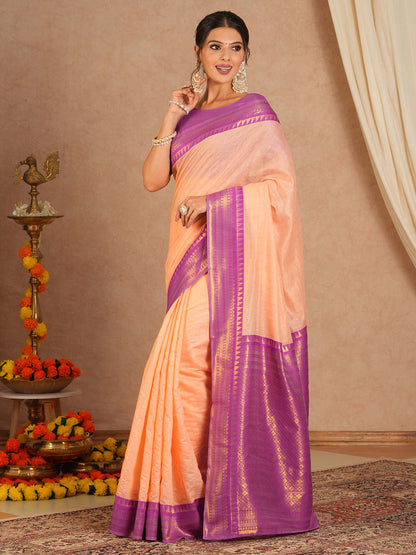 Marvellous Peach Cotton Silk Saree With Elaborate Blouse Piece