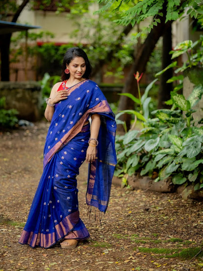 Quintessential Royal Blue Cotton Silk Saree With Snazzy Blouse Piece