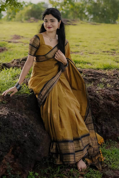 Arresting Mustard Cotton Silk Saree With Excellent Blouse Piece