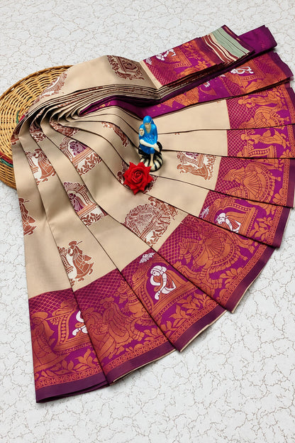 Entrancing Beige Pure Banarasi Silk Saree With Invaluable Blouse Piece