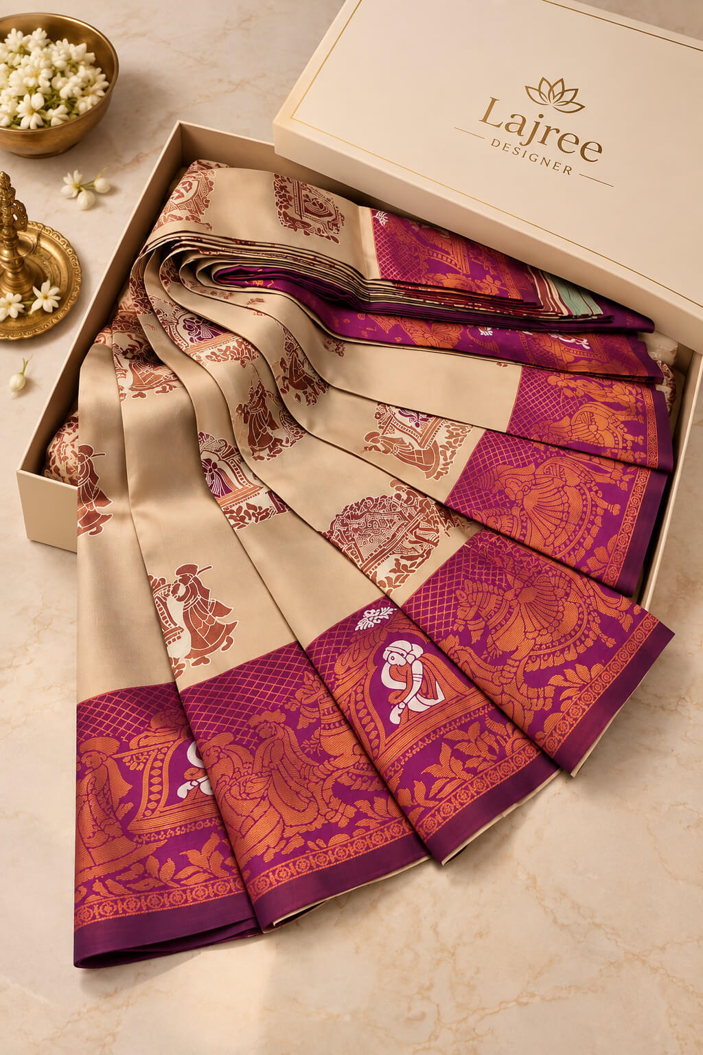 Entrancing Beige Pure Banarasi Silk Saree With Invaluable Blouse Piece