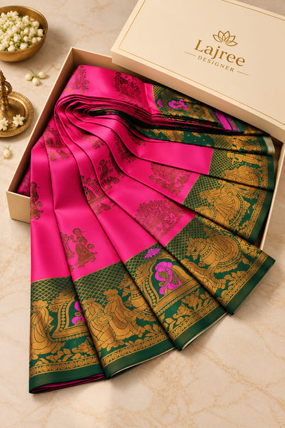 Staggering Dark Pink Pure Banarasi Silk Saree With Groovy Blouse Piece