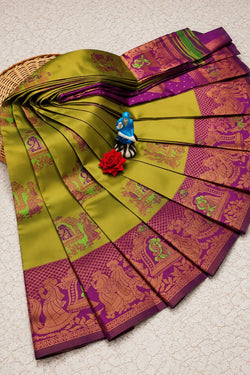 Surpassing Mehndi Pure Banarasi Silk Saree With Glamorous Blouse Piece