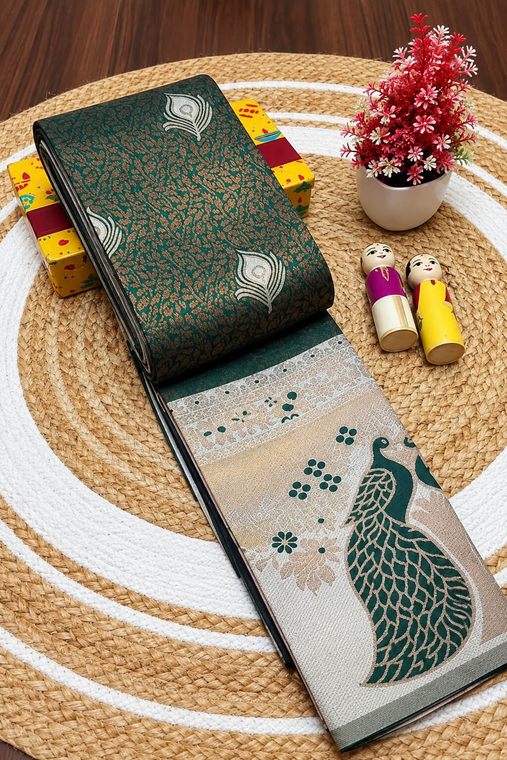 Stunner Dark Green Pure Banarasi Silk Saree With Palimpsest Blouse Piece