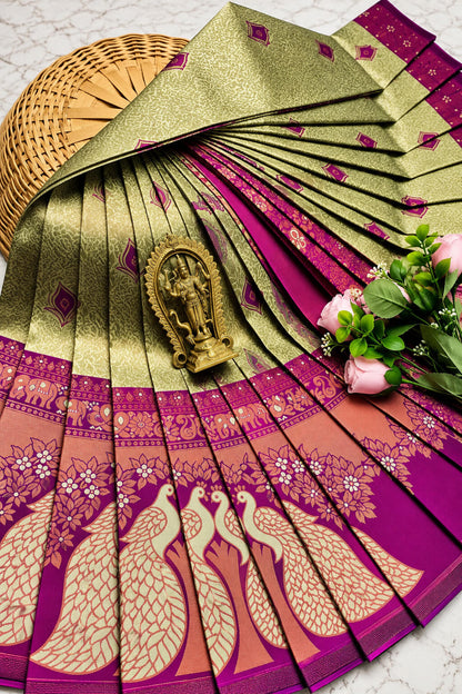 Embrocation Pista Pure Banarasi Silk Saree With Scrupulous Blouse Piece