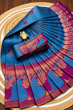 Gratifying Rama Pure Banarasi Silk Saree With Prominent Blouse Piece