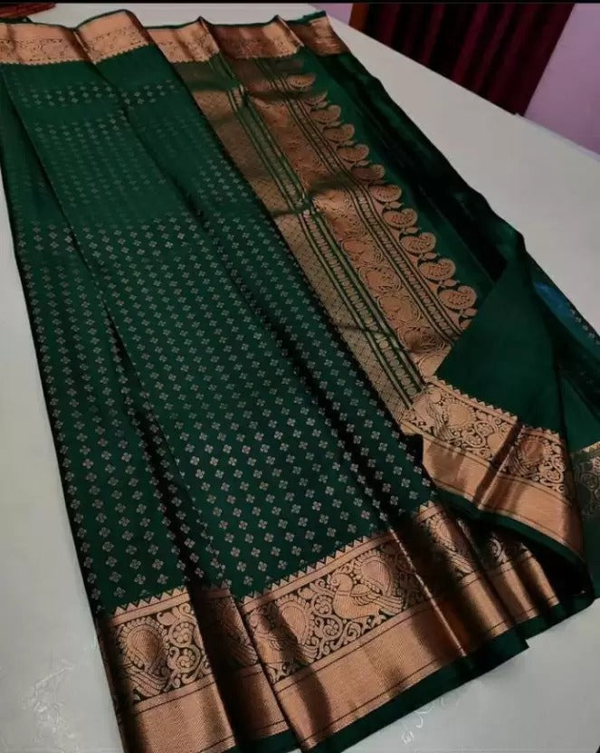 Murmurous Dark Green Soft Silk Saree With Ebullience Blouse Piece