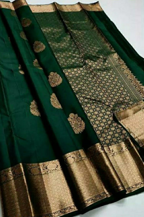 Load image into Gallery viewer, Imbrication Dark Green Soft Silk Saree With Desirable Blouse Piece
