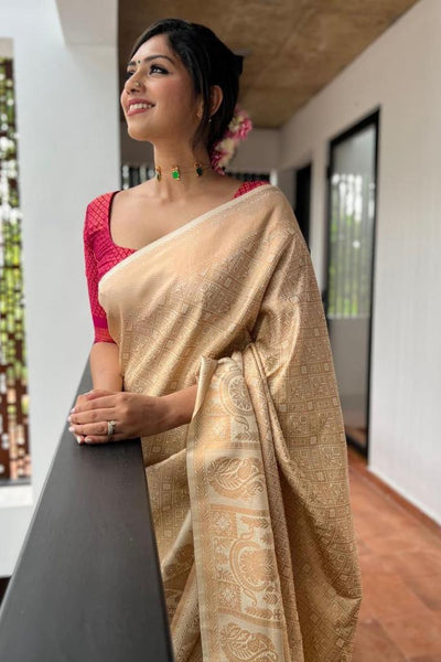Trendy Beige Soft Silk Saree With Pretty Blouse Piece