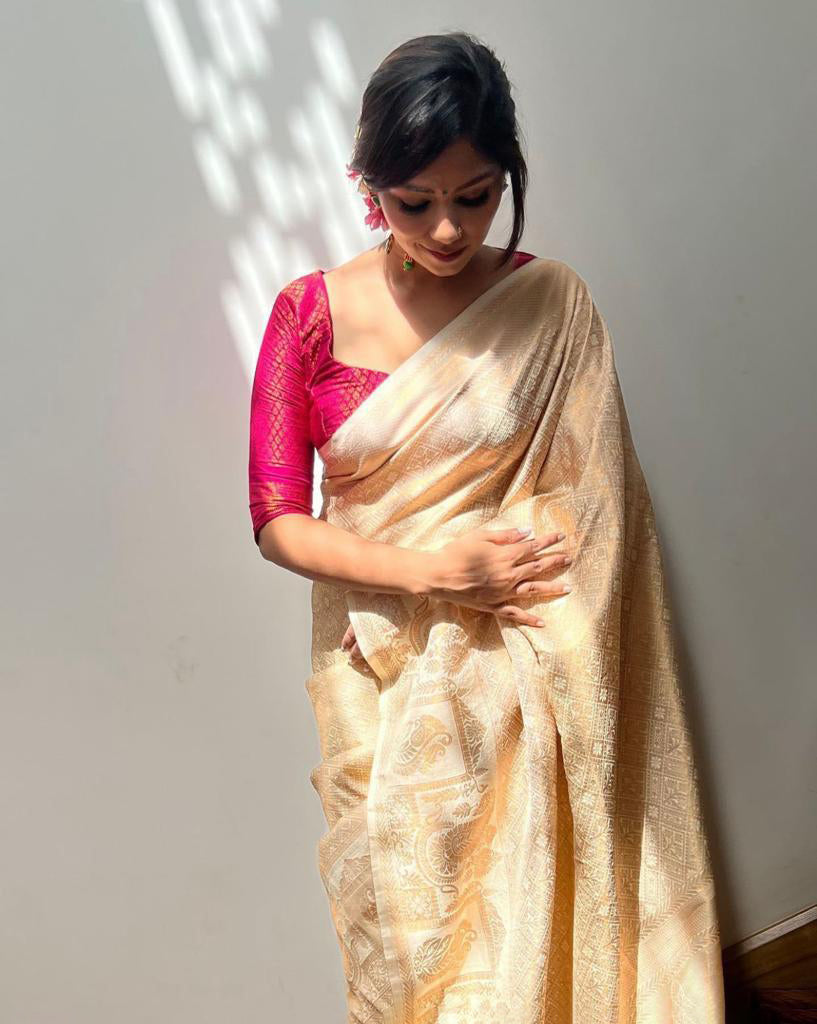 Trendy Beige Soft Silk Saree With Pretty Blouse Piece