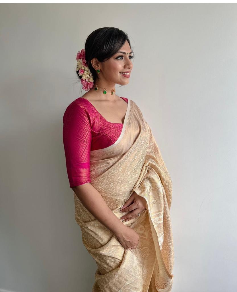 Trendy Beige Soft Silk Saree With Pretty Blouse Piece