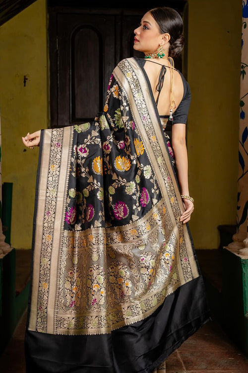 Load image into Gallery viewer, Vestigial Black Soft Silk Saree With Panoply Blouse Piece
