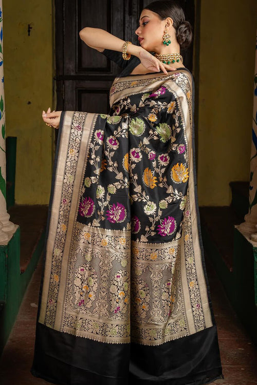 Load image into Gallery viewer, Vestigial Black Soft Silk Saree With Panoply Blouse Piece
