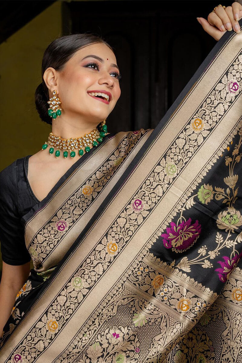 Vestigial Black Soft Silk Saree With Panoply Blouse Piece