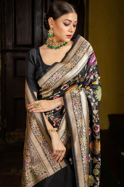 Load image into Gallery viewer, Vestigial Black Soft Silk Saree With Panoply Blouse Piece
