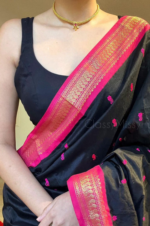 Load image into Gallery viewer, Twirling Black Soft Silk Saree With Chatoyant Blouse Piece
