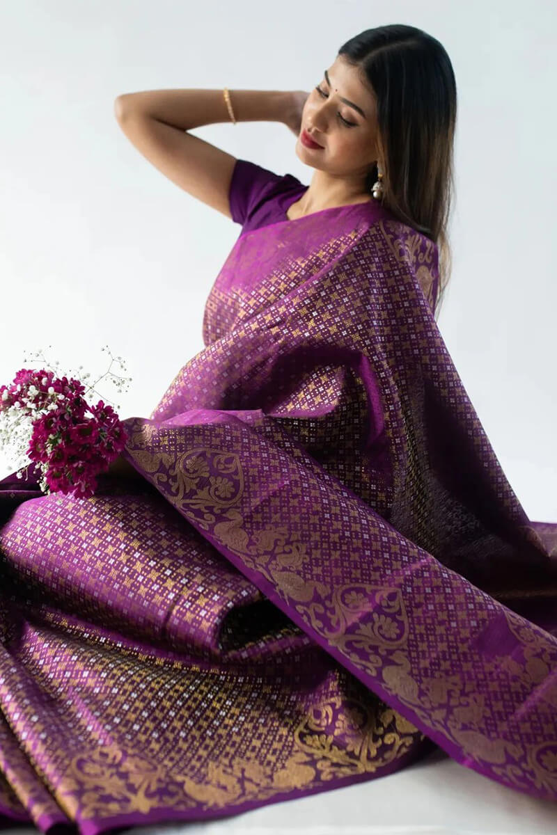 Pleasurable Purple Soft Silk Saree With Lassitude Blouse Piece