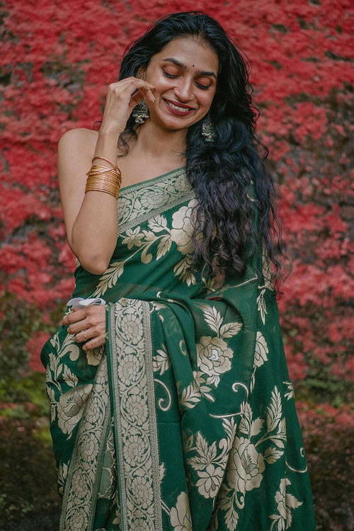 Load image into Gallery viewer, Gorgeous Green Soft Silk Saree With Elegant Blouse Piece
