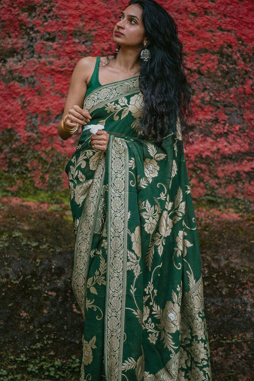 Load image into Gallery viewer, Gorgeous Green Soft Silk Saree With Elegant Blouse Piece
