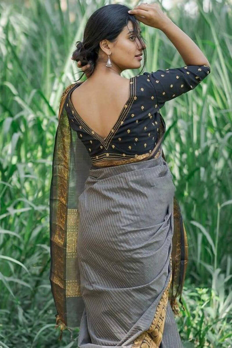 Exceptional Grey Soft Silk Saree With Adoring Blouse Piece