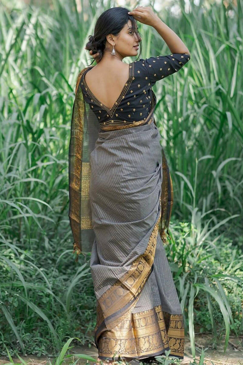 Exceptional Grey Soft Silk Saree With Adoring Blouse Pieced