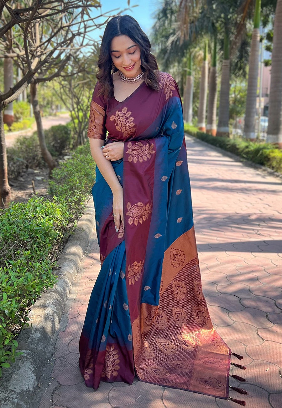 Vestigial Blue Soft Silk Saree With Demure Blouse Piece