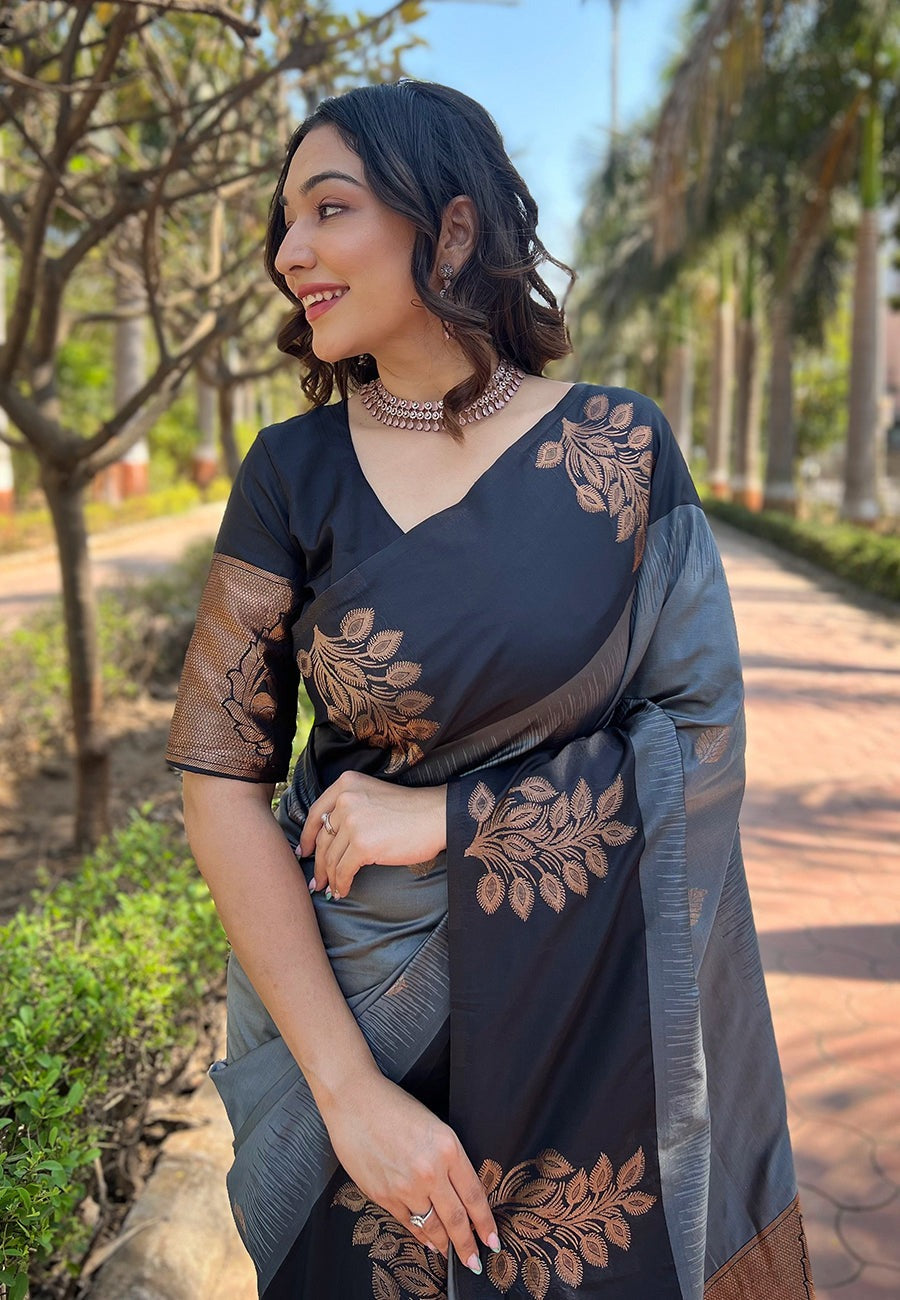 Demanding Grey Soft Silk Saree With Fancifull Blouse Piece