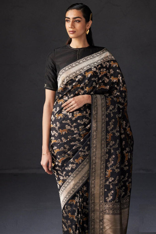 Load image into Gallery viewer, Glowing Black Soft Silk Saree With Delightful Blouse Piece
