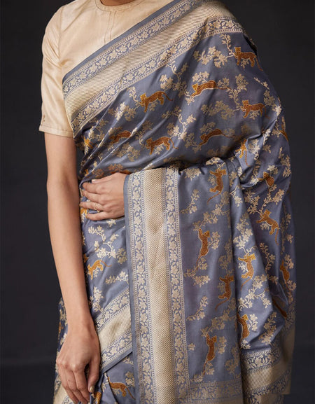 Admirable Grey Soft Silk Saree With Denouement Blouse Piece