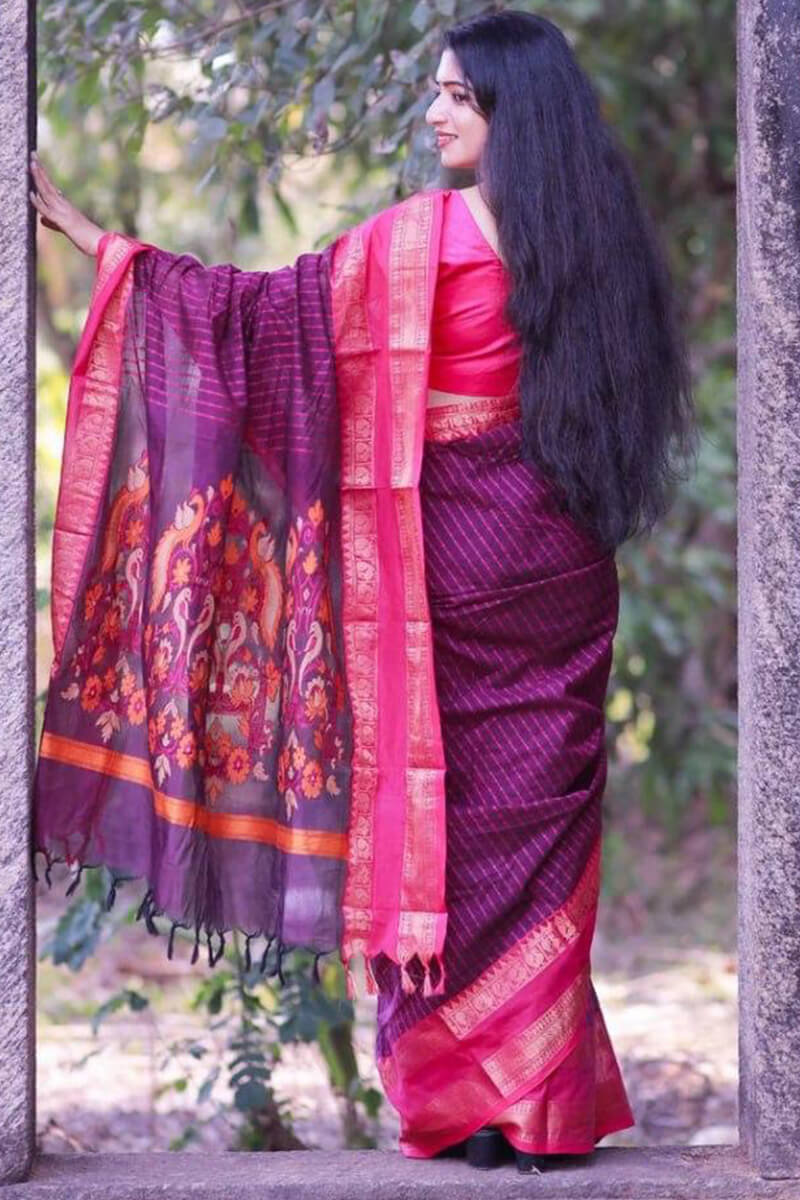 Sensational Purple Cotton Silk Saree With Innovative Blouse Piece