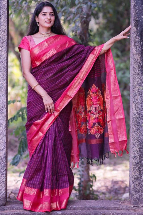 Load image into Gallery viewer, Sensational Purple Cotton Silk Saree With Innovative Blouse Piece
