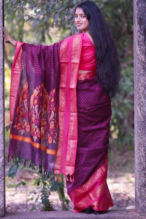 Load image into Gallery viewer, Sensational Purple Cotton Silk Saree With Innovative Blouse Piece
