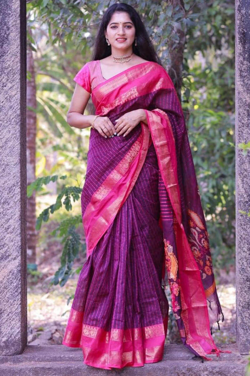 Load image into Gallery viewer, Sensational Purple Cotton Silk Saree With Innovative Blouse Piece
