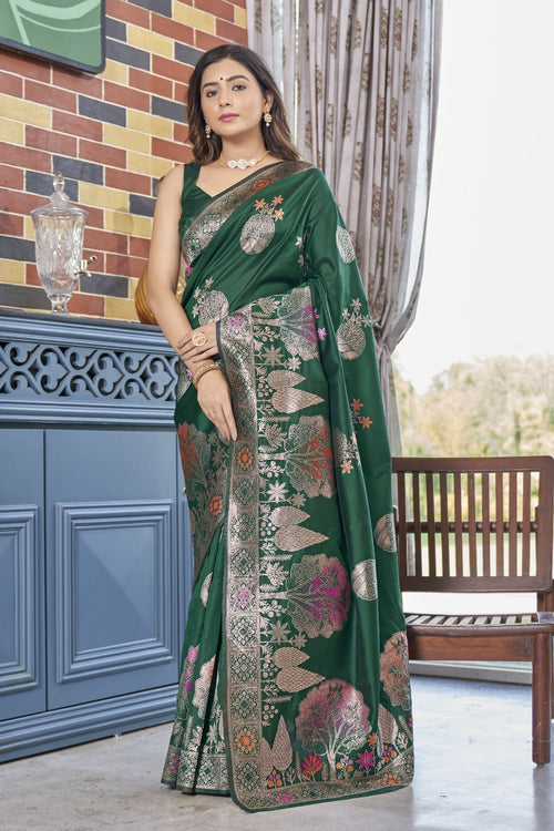 Load image into Gallery viewer, Majesty Dark Green Soft Silk Saree With Desirable Blouse Piece
