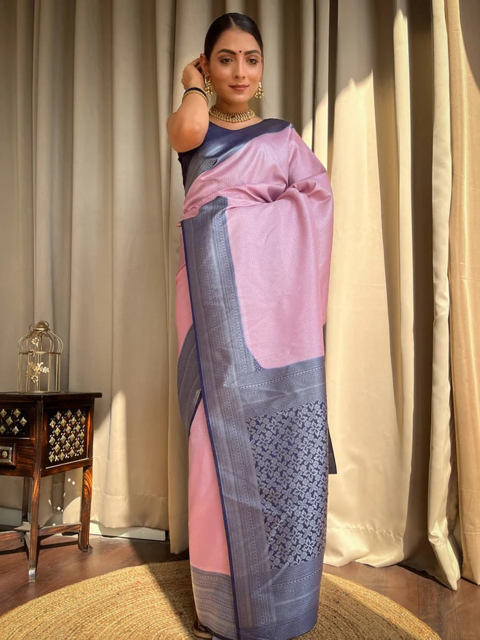 Glittering Baby Pink Soft Silk Saree With Allure Blouse Piece