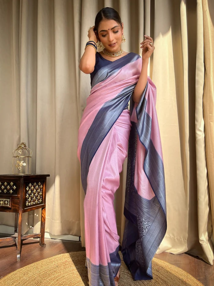 Glittering Baby Pink Soft Silk Saree With Allure Blouse Piece