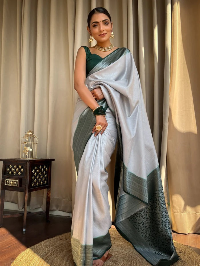 Engaging Grey Soft Silk Saree With Tempting Blouse Piece