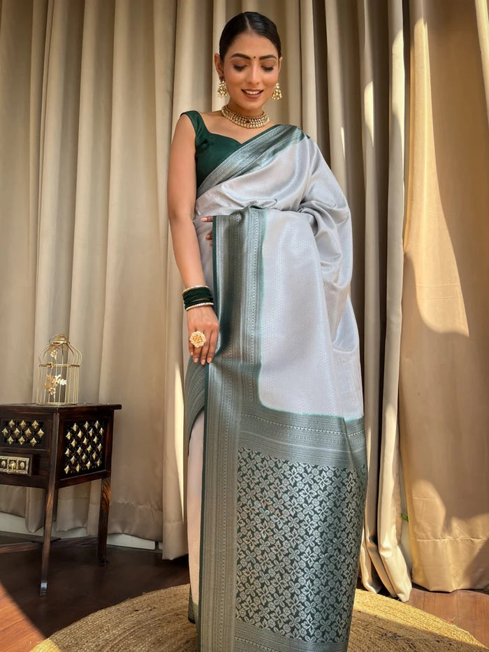 Engaging Grey Soft Silk Saree With Tempting Blouse Piece