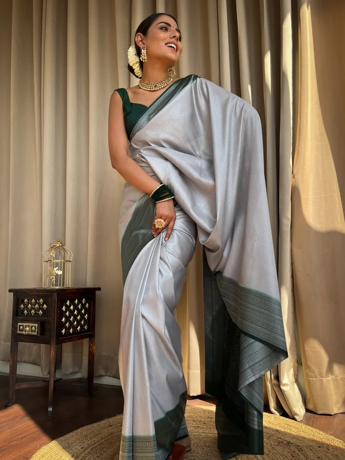 Engaging Grey Soft Silk Saree With Tempting Blouse Piece