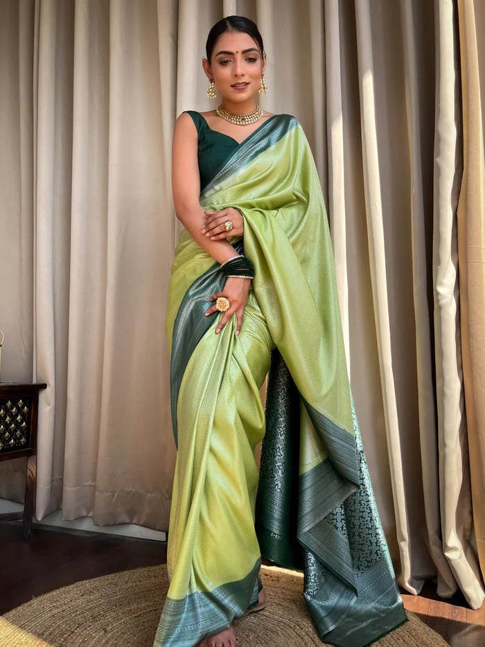 Devastating Pista Soft Silk Saree With Nemesis Blouse Piece