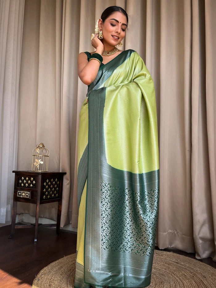 Devastating Pista Soft Silk Saree With Nemesis Blouse Piece