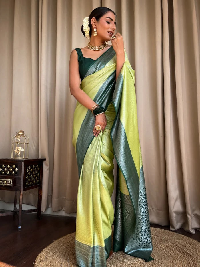 Devastating Pista Soft Silk Saree With Nemesis Blouse Piece