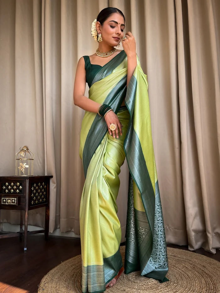 Devastating Pista Soft Silk Saree With Nemesis Blouse Piece