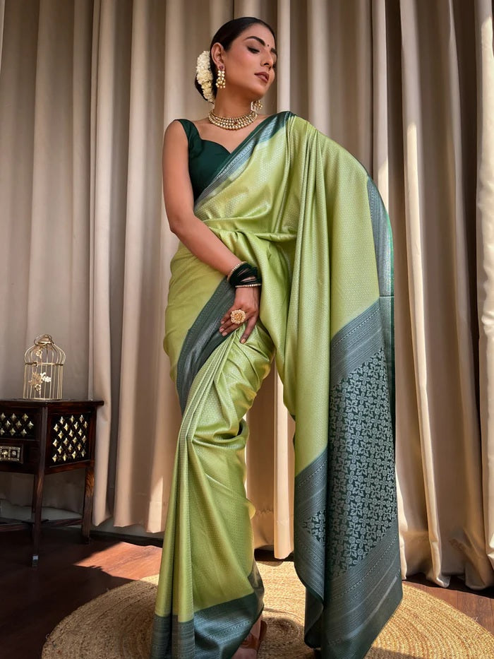 Devastating Pista Soft Silk Saree With Nemesis Blouse Piece