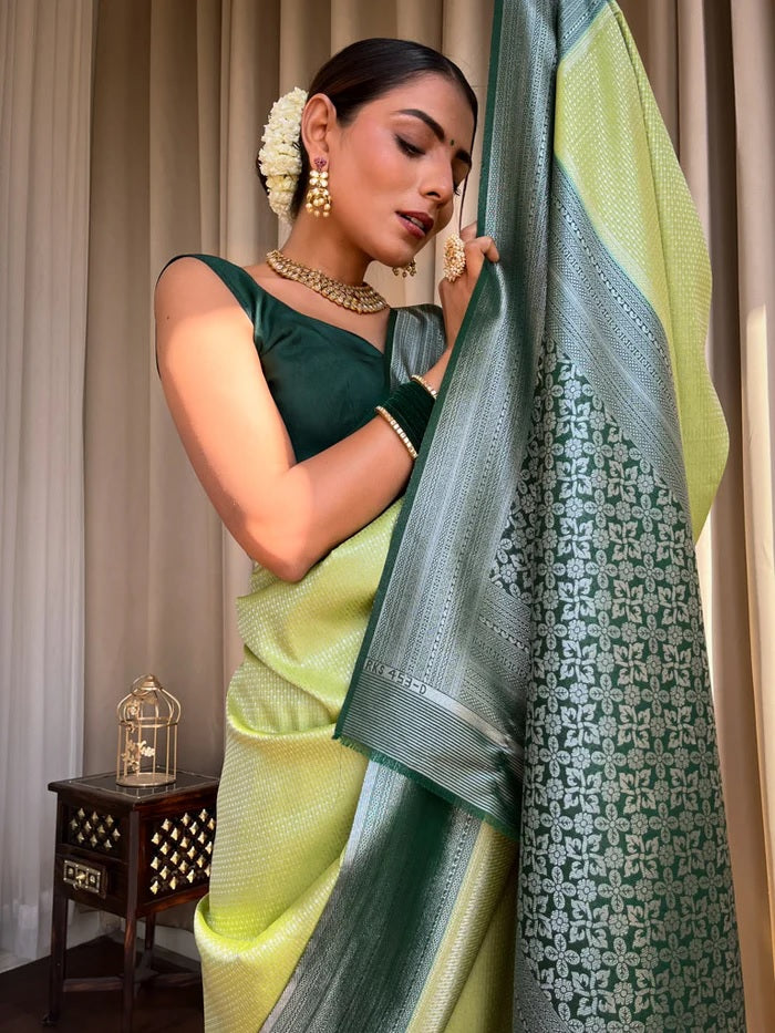 Devastating Pista Soft Silk Saree With Nemesis Blouse Piece