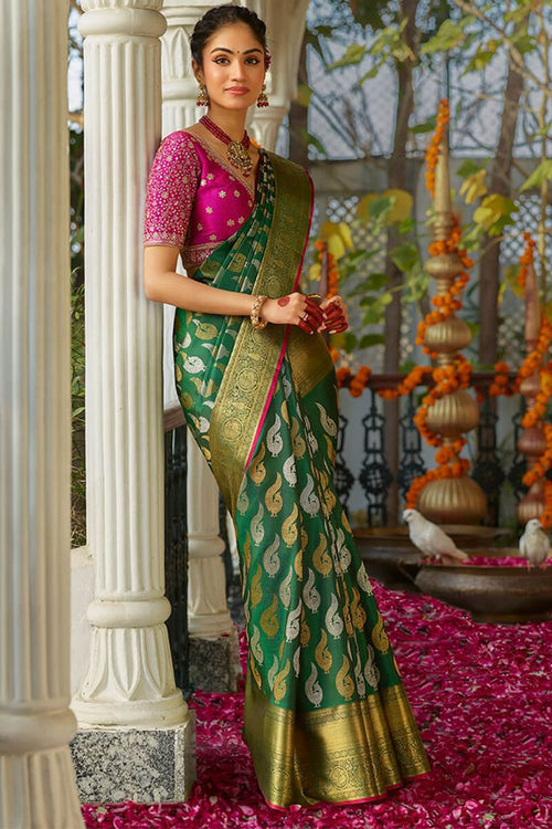 Load image into Gallery viewer, Excellent Dark Green Soft Silk Saree With Desultory Blouse Piece
