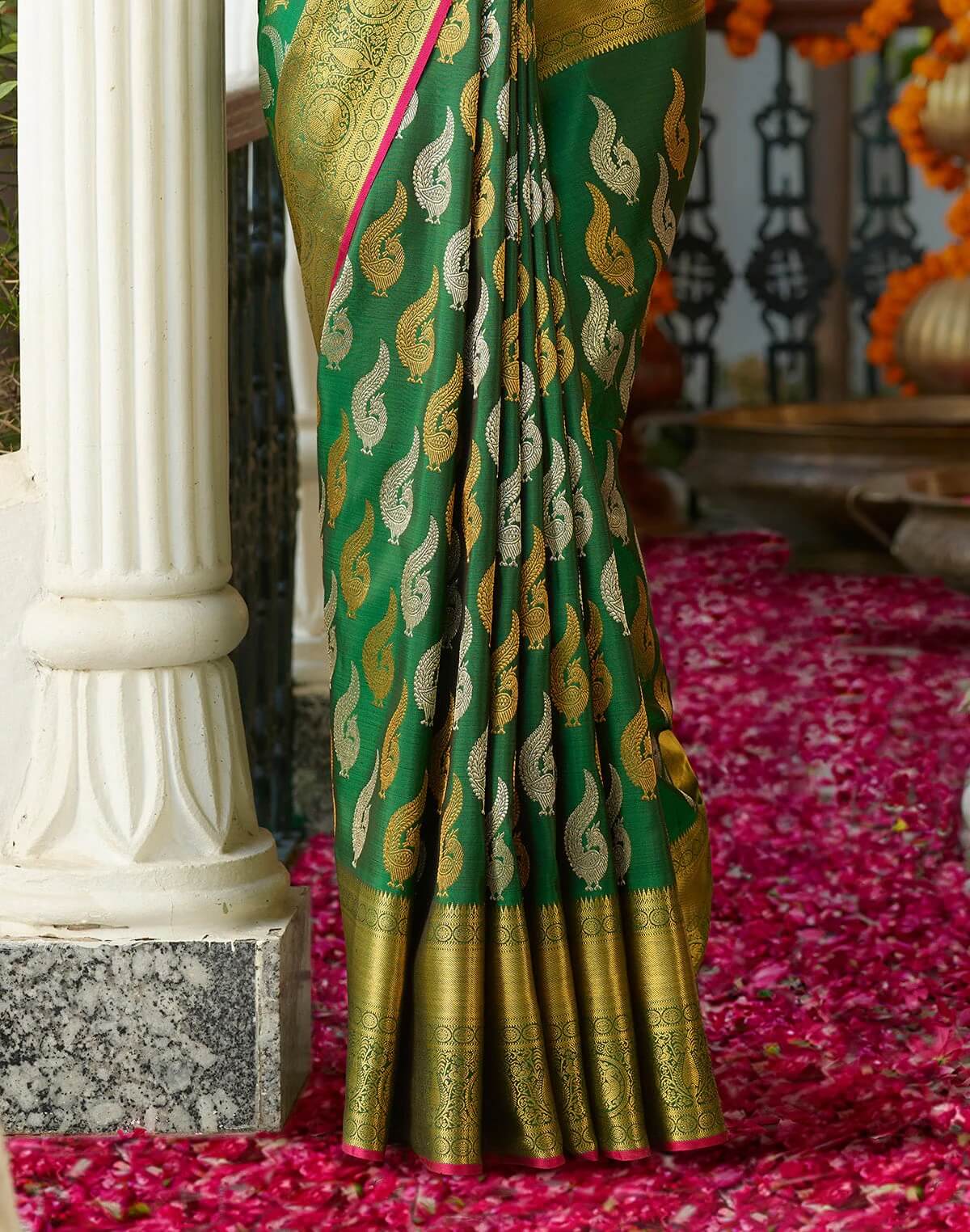 Excellent Dark Green Soft Silk Saree With Desultory Blouse Piece