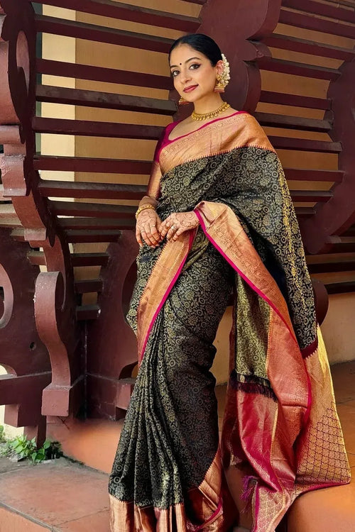 Load image into Gallery viewer, Inspiring Black Soft Silk Saree With Divine Blouse Piece
