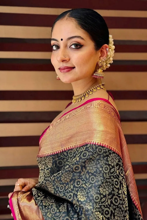 Load image into Gallery viewer, Inspiring Black Soft Silk Saree With Divine Blouse Piece
