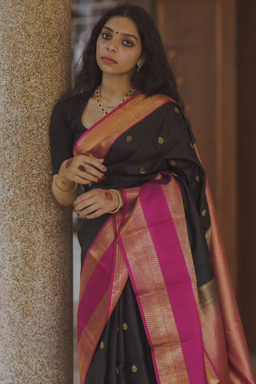 Load image into Gallery viewer, Evocative Black Soft Silk Saree With Brood Blouse Piece
